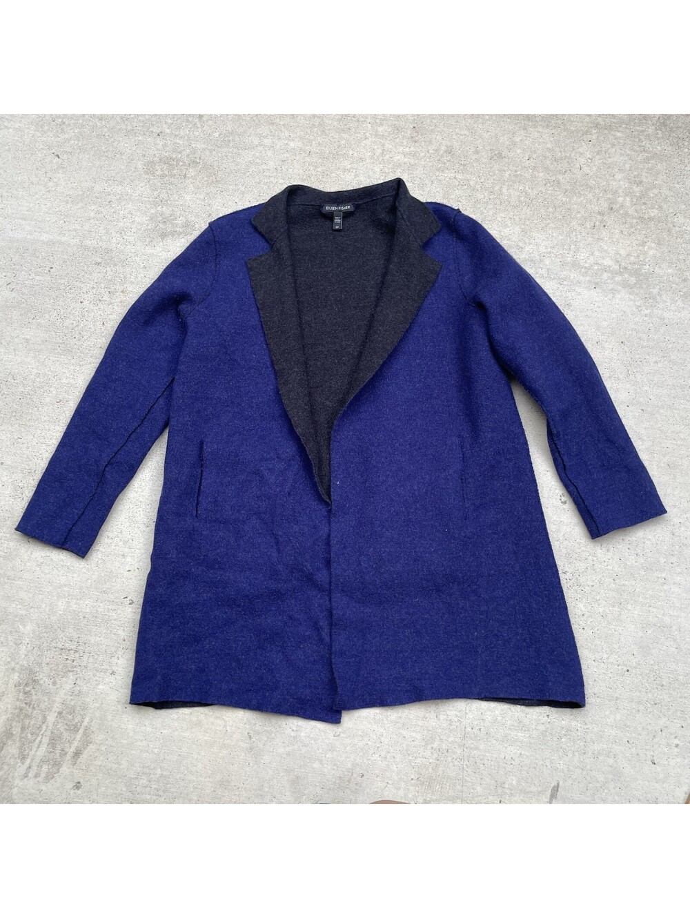 Eileen Fisher Notch Collar Merino Wool Topper in Blue - Size Small
